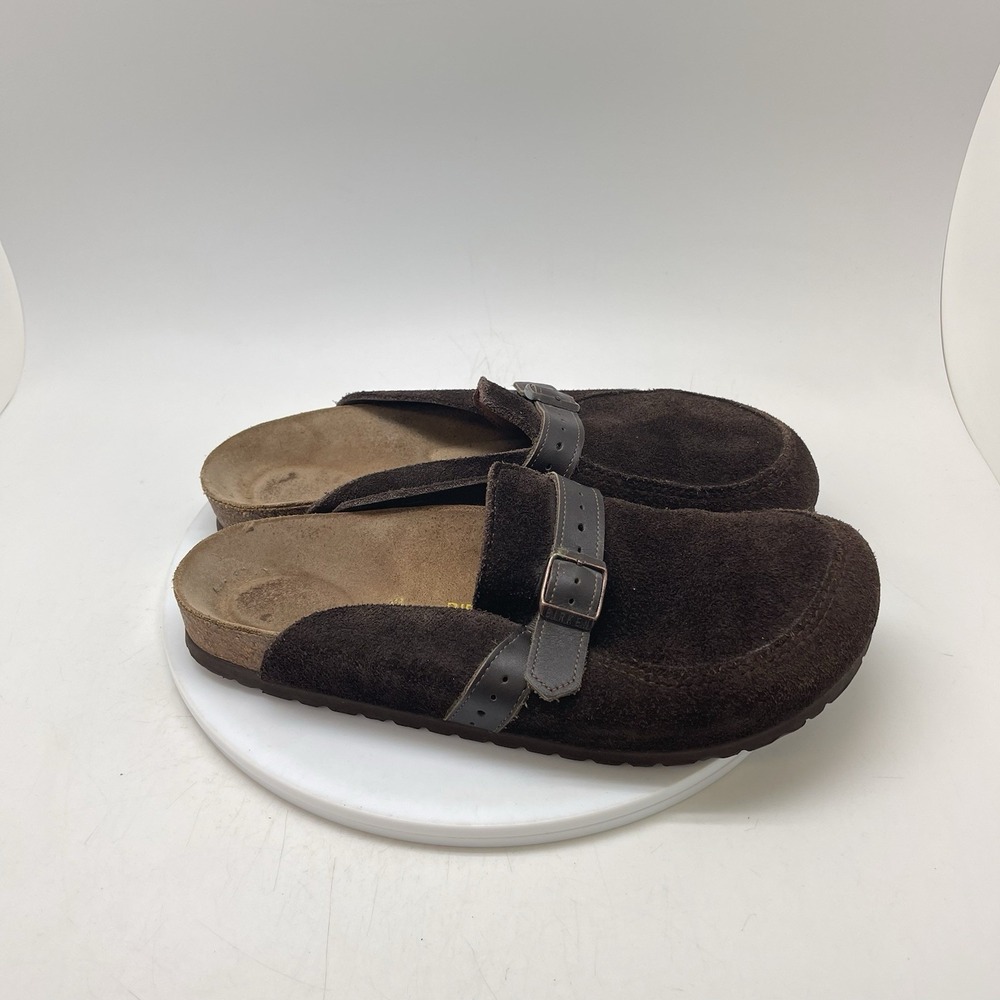 Birkenstock Eaton Clog Sandals Mens EU 42 US 9 Brown Suede Buckle Slip On Shoes